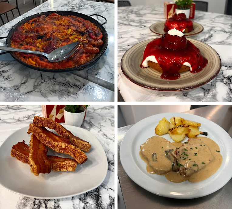 Cuatro platos: paella de marisco, bomba de carne con mermelada, torreznos y carne en salsa